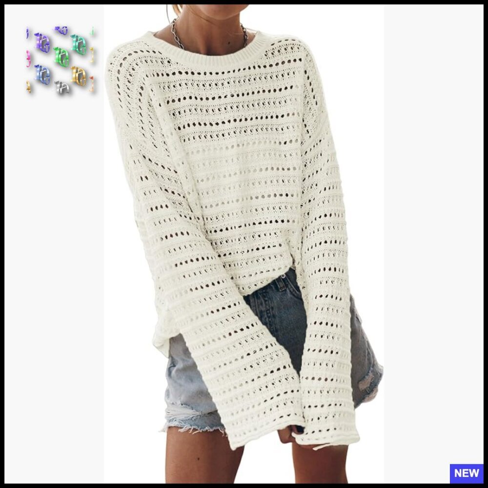 Crochet Hollow Out Pullover Sweater Lightweight Casual Long Sleeve Knit Top